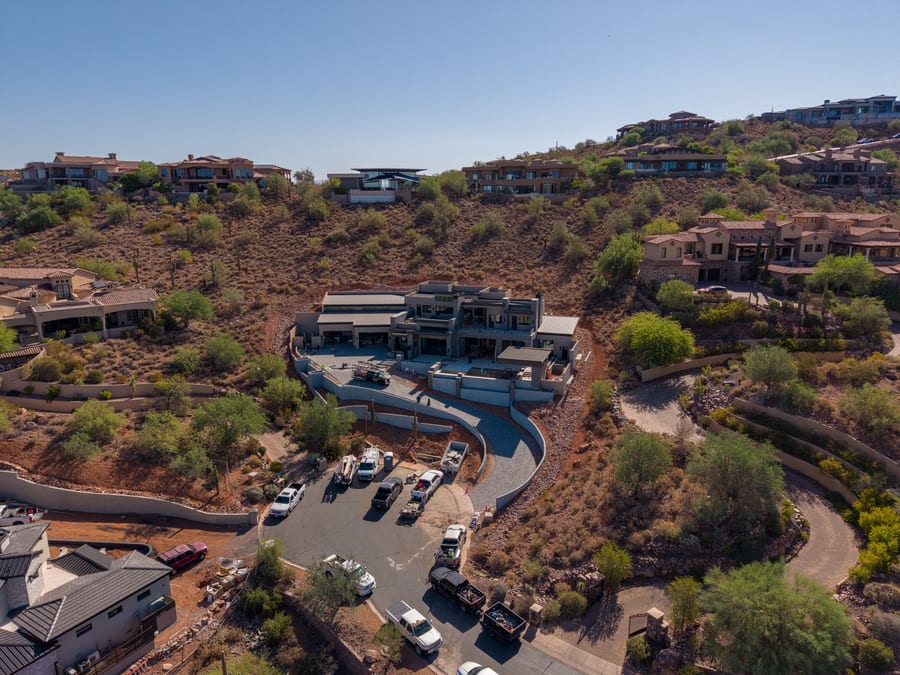 Aerial view of a hillside residential construction site
