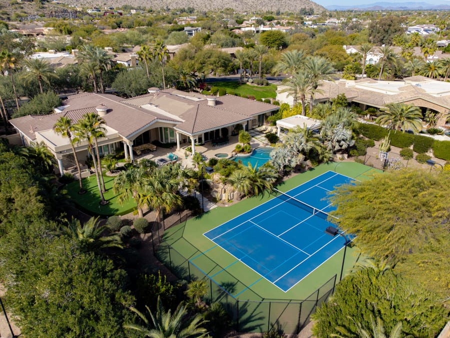 Aerial view of a Scottsdale estate and tennis court